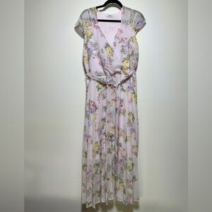 Suzy Shier Floral Maxi Dress Chiffon Pleated Pink Wedding Guest Size L Feminine